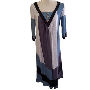 NoraCora Blue/Grey Color Block Midi Dress with Gathers and Button Detail